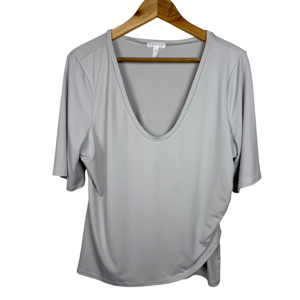Leith V-Neck Draped Top‎ Women 1X Gray Short Sleeve Side Gathering Stretch
